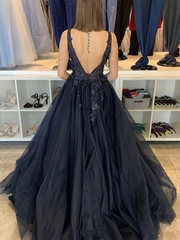 Beaded Appliques Dark Navy V Neck Open Back Lace Long Prom Dress