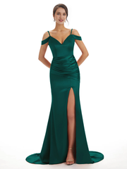 Sexy off shoulder soft satin side slit long fish tail bridesmaid dress