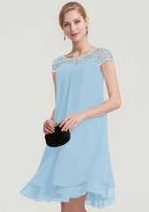 A-linePrincess Bateau Short Sleeve Knee-Length Chiffon Mother of the Bride Dress With Beading Ruffles Short