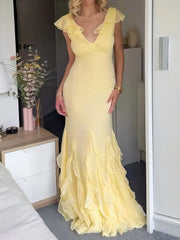 Sheath V Neck Ruffled Long Yellow formal dresses Bridesmaid Dresses evening gown Prom Dress