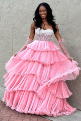 White Beaded Sweetheart Tiered Long Gown with Detachable Sleeves