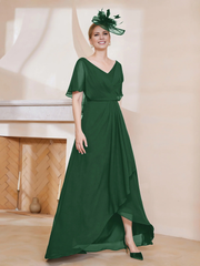 V-neck ruffle sleeves asymmetrical mother of the bride dress