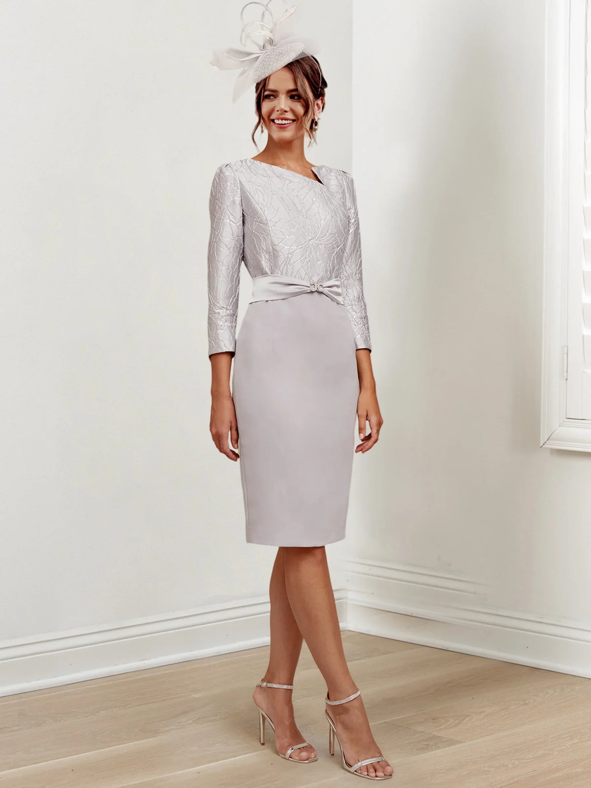 Tight fitting/cylindrical gemstone collar knee length mother of the bride dresses