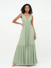 Deep V-neck chiffon layered skirt Bohemian style dress