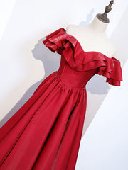 Simple  off shoulder satin long prom dress, burgundy evening dress