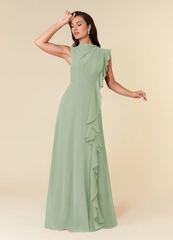 A-line high neck pleated chiffon and floor length mother of bride dress