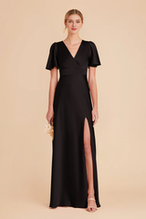 A-line V-neck cross ruffle sleeves satin slit bridesmaid dress