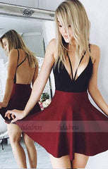 v neck short prom dress, burgundy homecoming dress