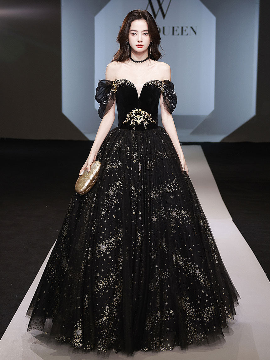 Black tulle off shoulder long prom dress, black tulle formal dress