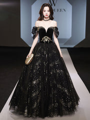 Black tulle off shoulder long prom dress, black tulle formal dress