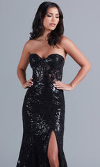 PromGirl Strapless Long Black Sequin Prom Dress