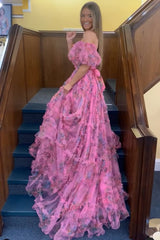 A Line Pink Green Flower Strapless Corset Tulle Long Prom Dress Off Shoulder
