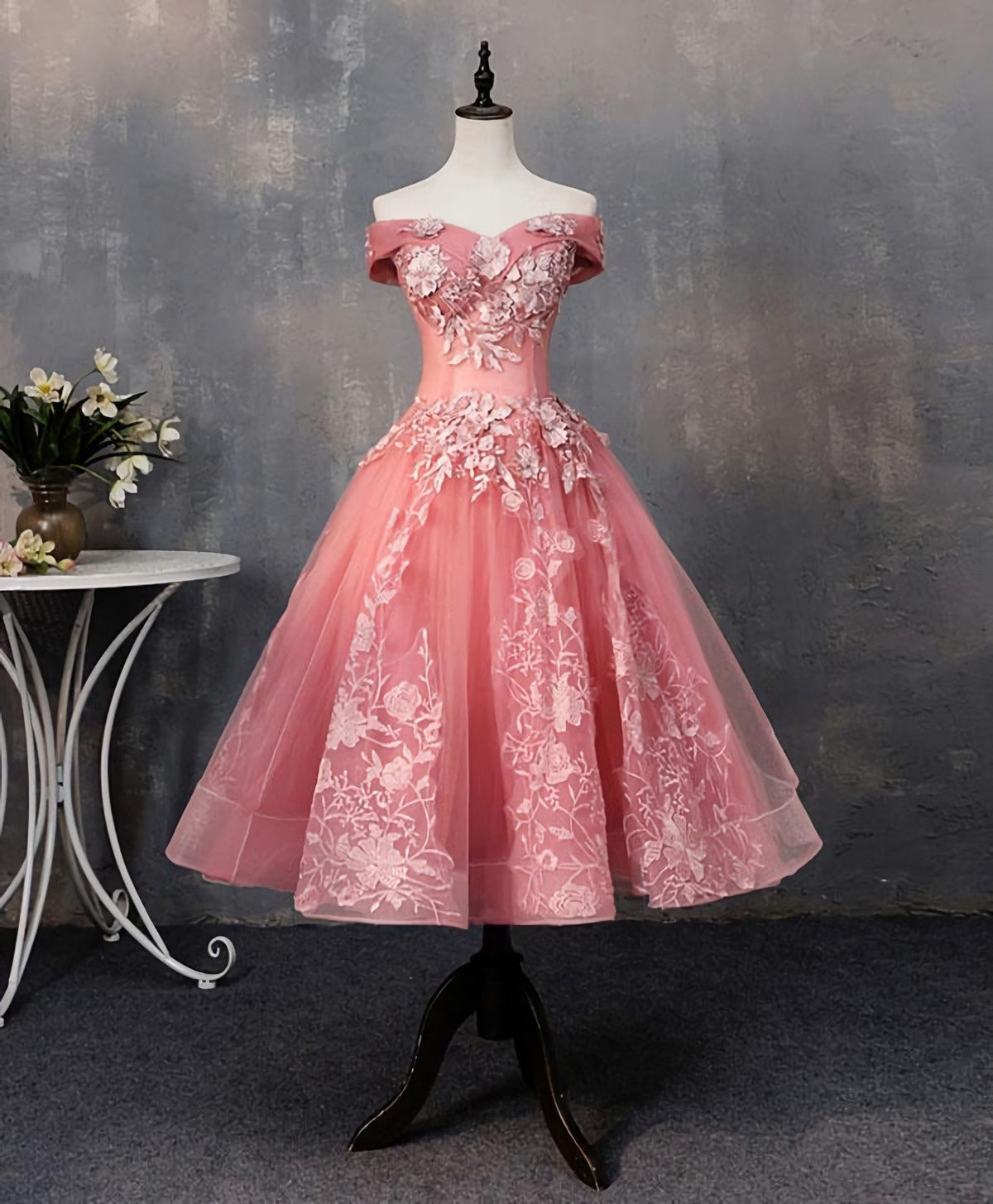 En dentelle en tulle rose robe de bal courte, robe de retour rose