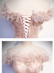 Pink tulle lace long prom dress, pink tulle formal dress