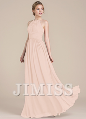 Ruffled A-line scoop neck floor-length chiffon prom dress