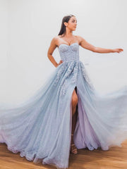 A-Line Sweetheart Neck Blue Long Prom Dresses, Blue Formal Graduation Dress