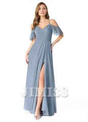A-line V-neck pleated chiffon side slit and floor length bridesmaid dress - Jimiss Dress