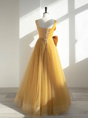 Simple yellow tulle long prom dress, yellow tulle formal dress