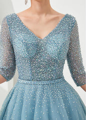 Blue Glittering Puffy Ball Gown Prom Dress With Beadings