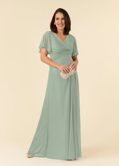 A-line V-neck pleated mesh and floor length mother of the bride dress