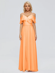 Thin shoulder strap ruffled chiffon and floor length bridesmaid dress