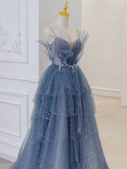 Gray blue tulle sequin beads long prom dress, blue evening dress