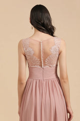 Long A-line Lace Sleevele Chiffon Bridesmaid Dresses