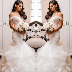 Off The Shoulder Puffy Ruffles Wedding Dresses | Sheath Tulle Sexy Lace Bridal Gowns