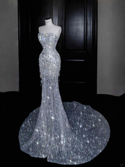 Glitter Strapless Mermaid Beading Tassel Long Evening Dress Birthday Outfits, HZ0319