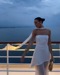 White Strapless Satin Chiffon Split Holiday Summer Prom Dress