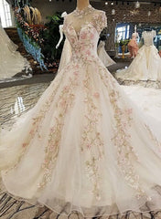 Ivory Tulle High Neckline Tulle With 3D Flower Lace Wedding Dress, Ivory Sweet 16 Dress
