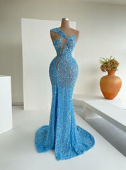 Oceaanblauwe pailletten one-shoulder zeemeermin lange prom-jurk met split