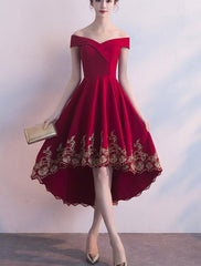 Wine Red High Low Party Dress with Gold Applique, Stylish Formal Dress, Cute Party Dress