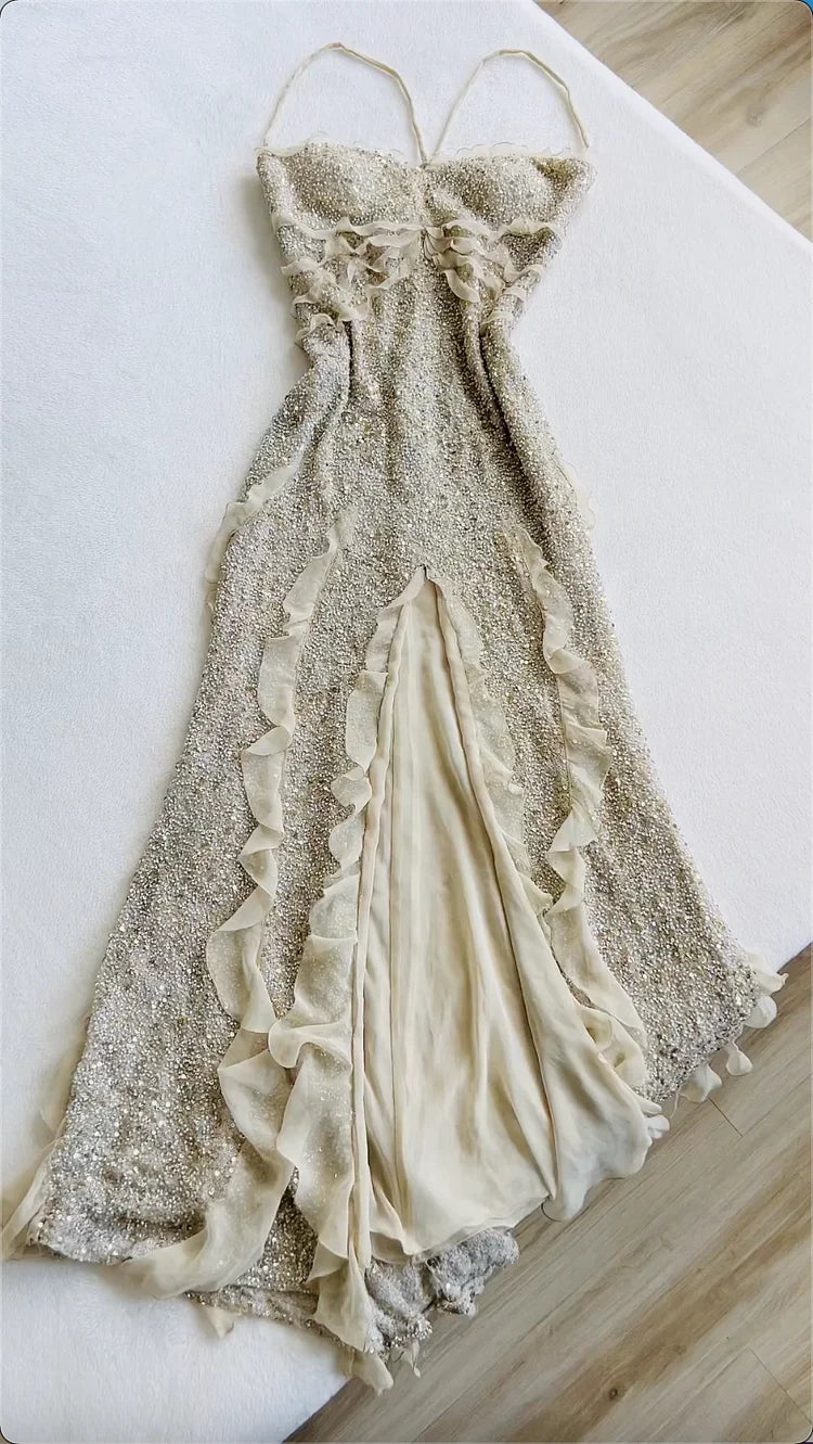 Enchanting Shiny Sequin Beaded Prom Dress Sheath Spaghetti Strap Evening Dress Long Formal Dress HZ1024