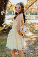 A-Line Strapless Empire-Waist Ruffles Chiffon Short Homecoming Dress with Appliques