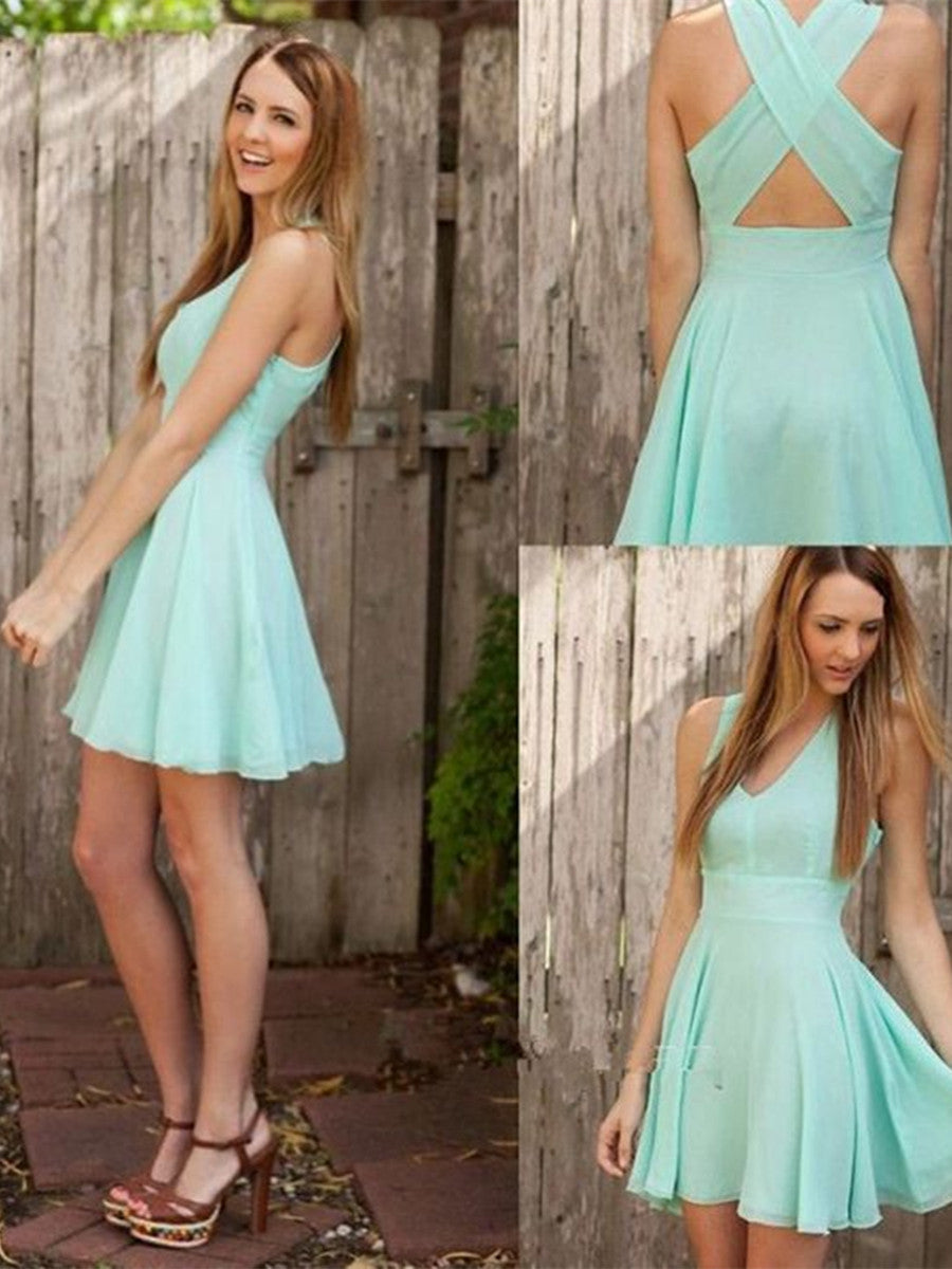 Short V Neck Green Prom Dress with Cross Back, Short Green Formal Dress, Graduation Dress, Homecoming Dress