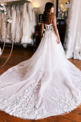 Ivory Tulle Appliques Strapless A-Line Long Wedding Dress Off Shoulder