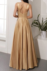 Off shoulder satin backless and floor length front slit prom dress