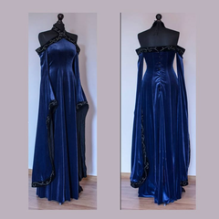 Vintage Dark Blue Halter Neck A-Line Velvet Long Formal Prom Dress Evening Dress, HZ0319