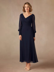 A-Line V-neck Long Sleeves Chiffon Dress Dark Navy