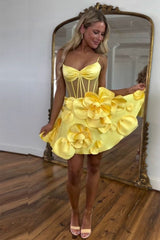 Pink Spaghetti Straps A-Line Homecoming Dress with 3D Floral