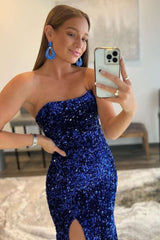 Burgundy Sequin Strapless Mermaid Long Prom Dress