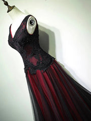 Black and Red V-Neck Lace Long Prom Dress, Beautiful A-Line Evening Party Dress
