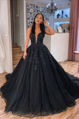 Black V-Neck Lace Long Ball Gown, A-Line Evening Party Dress