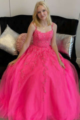 Hot Pink Princess Appliqués Backless Long Prom Gown