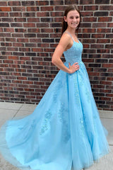 Blue Tulle Lace Long Prom Dresses, A-Line Graduation Dresses