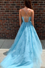 Blue Tulle Lace Long Prom Dresses, A-Line Graduation Dresses