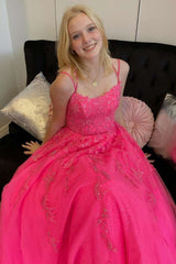 Hot Pink Princess Appliqués Backless Long Prom Gown