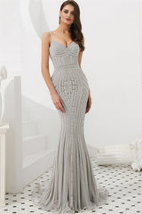 Mermaid V Neck Sequined Black Prom Dresses Spaghetti Straps