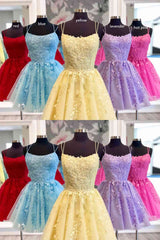 Straps Lace Applique Blue Homecoming Dress,Fuchsia Cocktail Dresses
